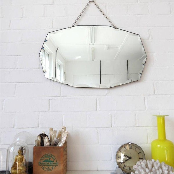 Vintage Oval Art Deco Bevelled Edge Wall Mirror with Chrome Details