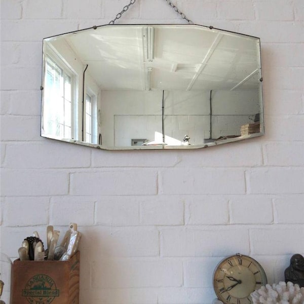 Vintage Art Deco Bevelled Edge Wall Mirror or Frameless Mirror