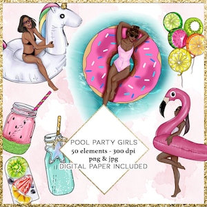 Pool Part ragazze set di adesivi - 51 elementi png / jpg file - 16 carta digitale inclusa - estate tropicale piscina clip arti