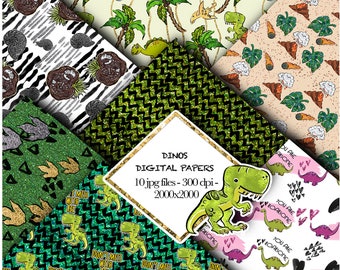 Dinosaurussen naadloze patronen - Kinderen partij dinosaurussen naadloze patronen, fossiele tropische bloem, monstera blad, dinosaurussen..
