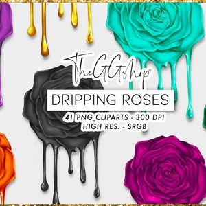 Drip Rose Clipart, Dripping Flower Clipart, Roses Clipart, Camellia Clipart, Sublimation Rose Design, Printable Stickers