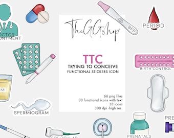 May include: A set of 33 colorful stickers with illustrations and text related to trying to conceive. The stickers include images of a doctor, a pregnancy test, a period, birth control, a sperm, a microscope, a menstrual cup, a prenatal vitamin bottle, a vial of sperm, a sonogram, and a vial of frozen sperm. The text on the stickers includes "Doctor Appointment", "BFP", "Period", "Birth Control", "FMI", "Spermiogram", "Follicular Monitoring", "Prenatals", and "Cryo Preservation".