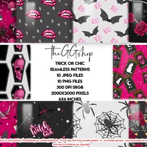 May include: A collection of Halloween-themed seamless patterns in various designs. The patterns include bats, skulls, coffins, lips, spiders, and witch hats. The color palette features black, white, and pink. The text "Trick or Chic" and product details are also visible.