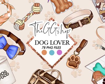 May include: A set of 78 dog-themed digital illustrations, including a dog collar, leash, bone, paw print, dog food can, and a bow tie. The illustrations are in a cartoon style and are perfect for creating dog-themed crafts, cards, and other projects.