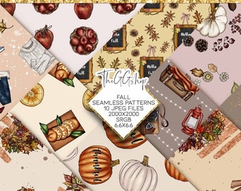 May include: A set of 10 digital seamless patterns featuring autumnal themes. The patterns include pumpkins, leaves, oranges, apples, and other fall-themed elements. The patterns are in a variety of colors, including orange, brown, yellow, and red. The patterns are perfect for use in crafting, scrapbooking, and other creative projects.