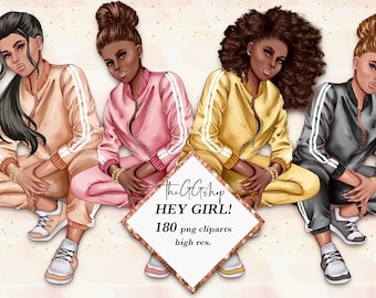 Afro American Girl Clipart, Fashion Girl Clipart, Fitness Clipart, Sport Girl Clipart, Girl Boss Clipart,