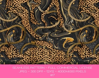 May include: A seamless pattern featuring a black and gold marble background with a leopard print overlay and gold chain links. The pattern is 4000x4000 pixels and 300 DPI.