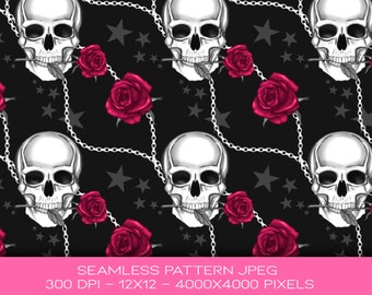 May include: Seamless pattern featuring white skulls holding red roses in their mouths, with silver chain accents and gray stars on a black background. The image includes the text "SEAMLESS PATTERN JPEG 300 DPI - 12X12 - 4000X4000 PIXELS".