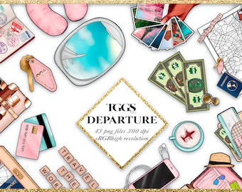 Vacation Clipart, Travel Clipart, Summer Clipart, Airplane Clipart, Wanderlust Clipart, Luggage Clipart, digital planner clipart