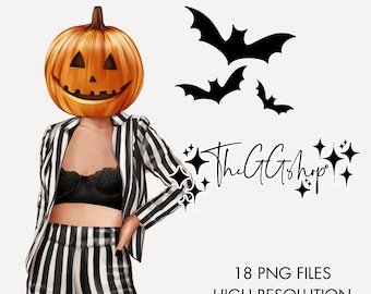 Clipart de chica de Halloween: Ilustración de moda de calabaza espeluznante (Descarga digital PNG)