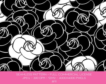 May include: A seamless pattern featuring stylized black and white roses. The design showcases a repeating floral motif with bold outlines, creating a high-contrast, graphic effect. The image includes text indicating a full commercial license.
