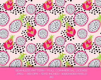May include: A seamless pattern featuring stylized dragon fruit slices and whole fruits in shades of pink, white, green, and black. The design includes the text "SEAMLESS PATTERN - FULL COMMERCIAL LICENSE" and other technical details.
