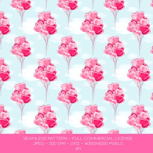 May include: A seamless pattern featuring pink heart-shaped balloons floating against a light blue sky with white clouds. The pattern is perfect for Valentine's Day or any romantic occasion.