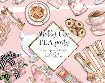 May include: A digital illustration of a shabby chic tea party with 18 png clip arts. The image features a teapot, teacups, macarons, a gift box, a telephone, a chair, and a box of cookies. The text "Shabby Chic TEA party" is written in a gold script font.