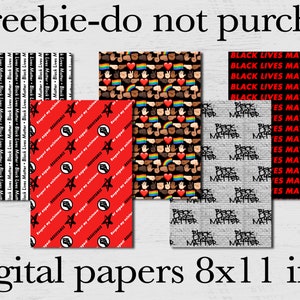 May include: A collection of digital papers, each 8x11 inches, featuring various patterns and text. Designs include "Black Lives Matter," diverse hand emojis, and the phrase "Respect my resistance." The papers are in black, white, red, and rainbow colors.