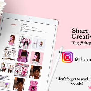 May include: A screenshot of an Instagram profile page for @theggshop_. The profile picture is a pink unicorn. The page has 1,388 posts and 400 followers. The bio says "Shop the girl power the 90's vibe. Custom Stickers, Rubber and Phone Graphics". The page features a grid of nine images, including a pink unicorn, a pink teddy bear, and a woman with a pink rose covering her face. The text "Share your Creativity! Tag @theggshop_" is displayed on the right side of the image. The text "*don't forget to read listing details!" is displayed below the Instagram logo.
