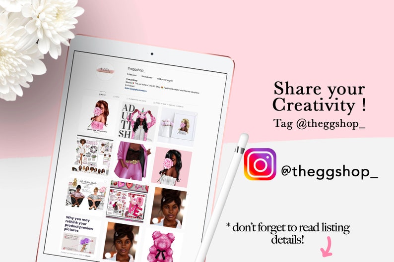 May include: A screenshot of an Instagram profile page for @theggshop_. The profile picture is a pink unicorn. The page has 1,388 posts and 400 followers. The bio says "Shop the girl power the 90's vibe. Custom Stickers, Rubber and Phone Graphics". The page features a grid of nine images, including a pink unicorn, a pink teddy bear, and a woman with a pink rose covering her face. The text "Share your Creativity! Tag @theggshop_" is displayed on the right side of the image. The text "*don't forget to read listing details!" is displayed below the Instagram logo.