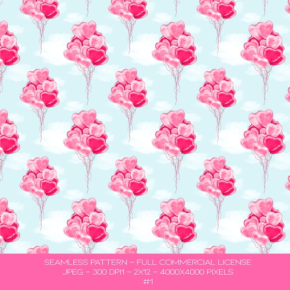 Valentine Heart Balloons Pattern: Seamless Digital Fabric (JPEG)