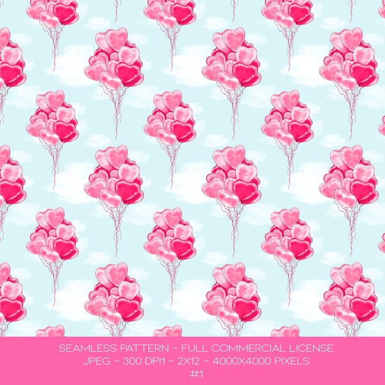 May include: A seamless pattern featuring pink heart-shaped balloons floating against a light blue sky with white clouds. The pattern is perfect for Valentine's Day or any romantic occasion.