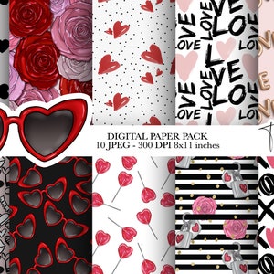 Valentine&#39;s Day Digital paper pack, Holiday Digital Paper, Love Digital paper, Romantic Digital Paper, Instant Download