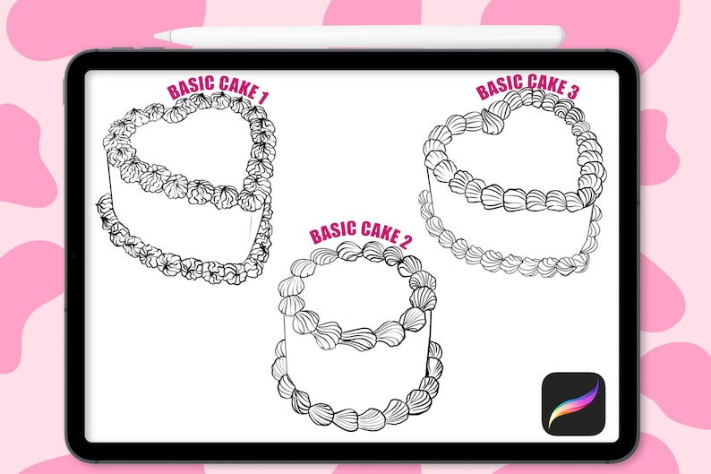 May include: Three black and white line drawings of basic cakes with different frosting designs. The cakes are labeled "Basic Cake 1", "Basic Cake 2", and "Basic Cake 3".