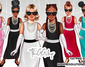Fashion Girls Clipart: Birthday Party Illustration (PNG Files)