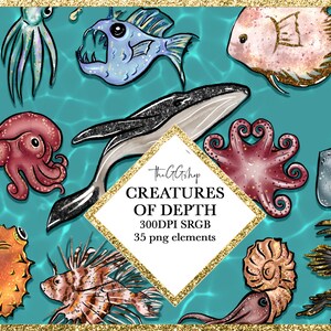 Ustaw motyw Marino di Clipart-Creature dell'Oceano, Squalo, Ray, Polpo Medusa, 35 clipartów PNG