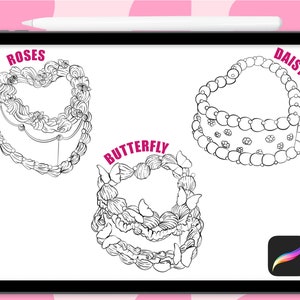 May include: A digital drawing of three cakes decorated with different themes. The first cake is decorated with roses and says "Roses" above it. The second cake is decorated with daisies and says "Daisy" above it. The third cake is decorated with butterflies and says "Butterfly" above it.