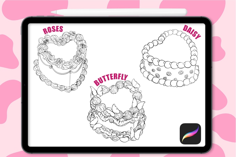 May include: A digital drawing of three cakes decorated with different themes. The first cake is decorated with roses and says "Roses" above it. The second cake is decorated with daisies and says "Daisy" above it. The third cake is decorated with butterflies and says "Butterfly" above it.