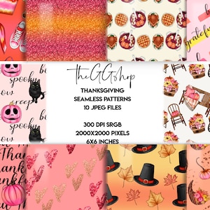Op de afbeelding: Een set van 10 digitale naadloze Thanksgiving-patronen met verschillende ontwerpen, waaronder pompoenen, herfstbladeren, pelgrimshoeden en een tekstpatroon met de tekst "be grateful, give thanks". De patronen zijn 2000x2000 pixels en 6x6 inch.