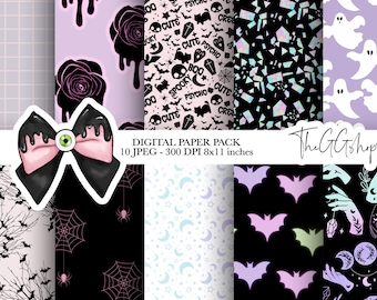 May include: A digital paper pack with 10 Halloween themed patterns. The patterns include bats, ghosts, moons, stars, spiders, and more. The patterns are in a variety of colors, including black, white, pink, purple, and blue. The paper pack is 300 DPI and 8x11 inches.