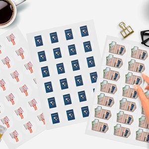May include: Three sheets of sticker paper with different travel-themed designs. The first sheet has a repeated image of a hand holding a passport. The second sheet has a repeated image of a blue passport with a globe on the cover. The third sheet has a repeated image of a brown wallet with a passport and money inside.