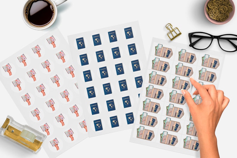 May include: Three sheets of sticker paper with different travel-themed designs. The first sheet has a repeated image of a hand holding a passport. The second sheet has a repeated image of a blue passport with a globe on the cover. The third sheet has a repeated image of a brown wallet with a passport and money inside.