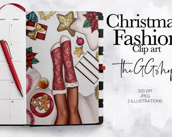 Digital Christmas Clipart, Merry Christmas Clipart, Christmas Girl clipart,  Fashion Illustration, Planner Pre made Scene,