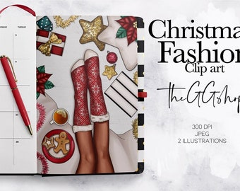 Clipart di Natale digitale, Clipart di Buon Natale, Clipart di Natale per ragazze, Illustrazione di moda, Planner Scena prefabbricata,