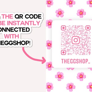 May include: A white square with a black and white QR code and the text "THEGGSHOP_" in black. A pink arrow points to the QR code. The background is white with a pattern of pink flowers.
