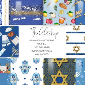 Pode incluir: Uma coleção de padrões sem costura com temas judaicos. Os designs incluem padrões dourados e azuis da Estrela de David, dreidels, menorás e texto que diz "Mazel Tov" e "Shabbat Shalom". A imagem também inclui o texto "Happy Shavuot".