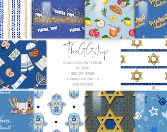 May include: A collection of seamless patterns with Jewish themes. Designs include gold and blue Star of David patterns, dreidels, menorahs, and text that reads "Mazel Tov" and "Shabbat Shalom". The image also includes text that reads "Happy Shavuot".