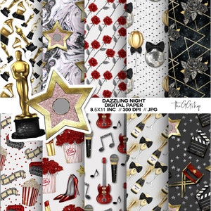 Pacchetto carta digitale, carta stampabile, clipart Cinema, Clipart Tappeto rosso, Carta digitale film notte, uso commerciale