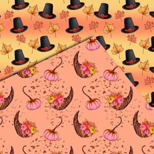 Op de afbeelding: Twee naadloze patronen met herfstthema's. Het eerste patroon is een gele en oranje gradi&euml;ntachtergrond met zwarte pelgrimshoeden en bruine bladeren. Het tweede patroon is een perzikkleurige achtergrond met roze pompoenen en hoorns des overvloeds gevuld met herfstbladeren.