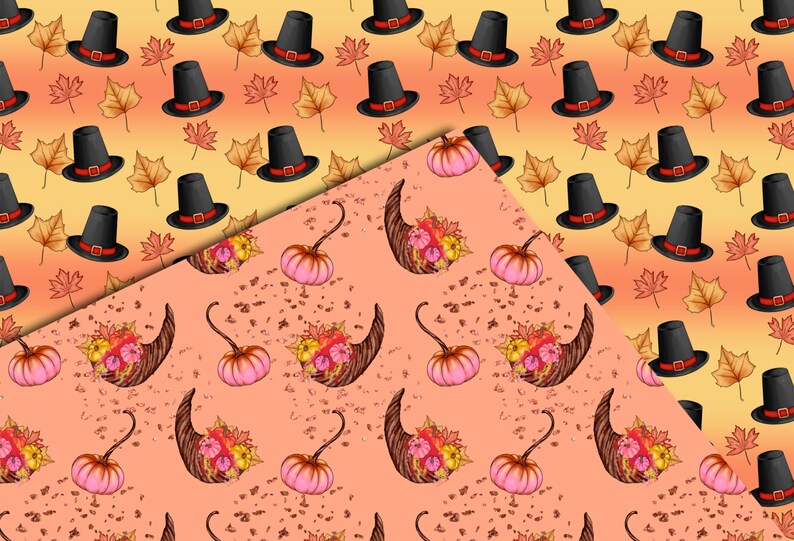 Op de afbeelding: Twee naadloze patronen met herfstthema's. Het eerste patroon is een gele en oranje gradi&euml;ntachtergrond met zwarte pelgrimshoeden en bruine bladeren. Het tweede patroon is een perzikkleurige achtergrond met roze pompoenen en hoorns des overvloeds gevuld met herfstbladeren.