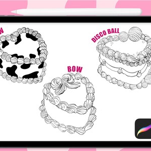 May include: Three black and white line drawings of cakes with different designs. The first cake is decorated with a cow print and the text "COW". The second cake is decorated with a bow and the text "BOW". The third cake is decorated with disco balls and the text "DISCO BALL".