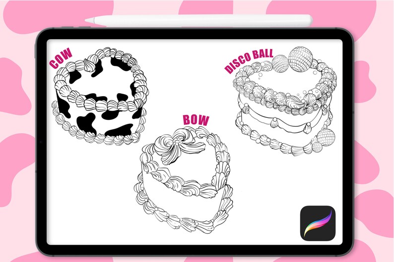 May include: Three black and white line drawings of cakes with different designs. The first cake is decorated with a cow print and the text "COW". The second cake is decorated with a bow and the text "BOW". The third cake is decorated with disco balls and the text "DISCO BALL".