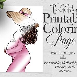 May include: A black and white line drawing of a pregnant woman wearing a wide-brimmed hat. The woman is holding her belly with both hands. The image is labeled "The GG Shop Printable Coloring Page".