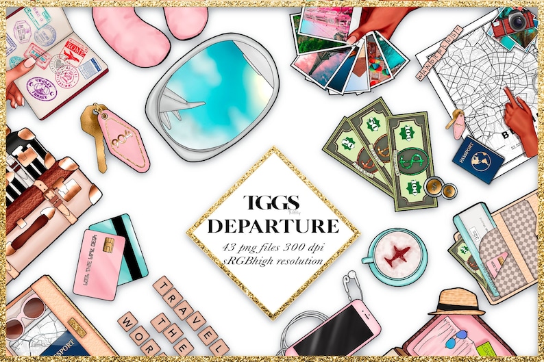 May include: A digital illustration of travel-themed items, including a passport, luggage, money, a map, a coffee cup, a phone, and a pair of sunglasses. The text "TGGS DEPARTURE" is in a gold diamond shape. The text "43 png files 300 dpi RGBhigh resolution" is below the diamond.