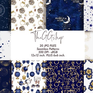 Astrologie Papier | Nacht Sternenhimmel Nahtloses Muster | Sternzeichen Papier | Celestial Pattern | Mond nahtloses Muster