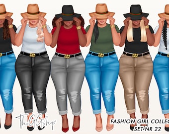 Plus Size Fashion Girl Clipart: Denim Girlboss (Digital Download)