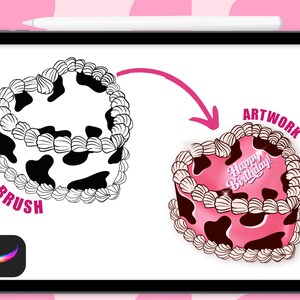 May include: A digital illustration of a heart-shaped cake with a cow print design. The cake is pink with black spots and white frosting. The frosting has a scalloped edge. The cake says "Happy Birthday!" in pink letters. The illustration is on a white background.