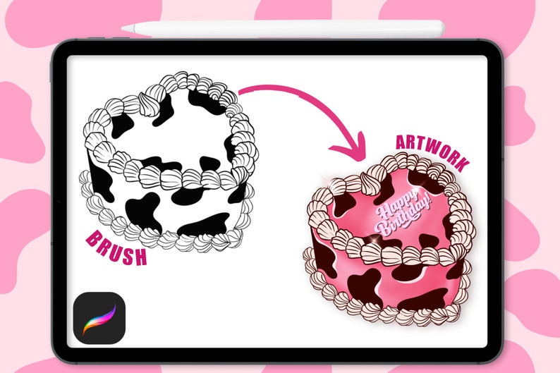 May include: A digital illustration of a heart-shaped cake with a cow print design. The cake is pink with black spots and white frosting. The frosting has a scalloped edge. The cake says "Happy Birthday!" in pink letters. The illustration is on a white background.