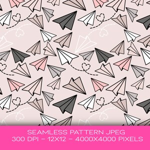 May include: A seamless pattern featuring paper airplanes in shades of gray, pink, and white, scattered across a light pink background. Dotted lines with heart shapes trail behind some of the planes. This design is suitable for various craft projects.